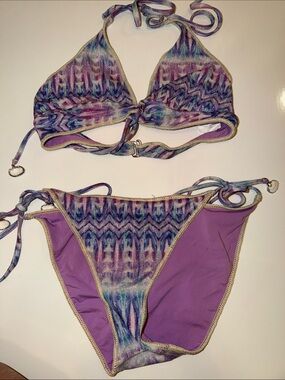 Purple Multicolor Triangle Bikini Set with Gold Trim - Women Swim